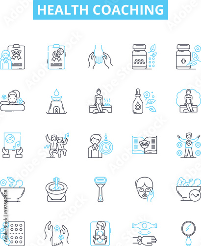 Health coaching vector line icons set. Wellness, Nutrition, Coaching, Exercise, Healthy, Habits, Diet illustration outline concept symbols and signs