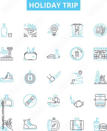 Holiday trip vector line icons set. Vacation, Travel, Journey, Getaway, Tour, Escape, Adventure illustration outline concept symbols and signs