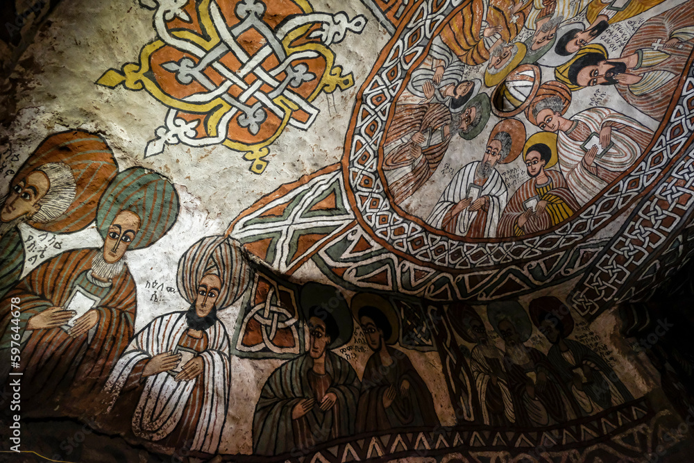 A fresco of the nine Syrian saints in Abuna Yemata Guh church in Hawzen, Tigray, Ethiopia