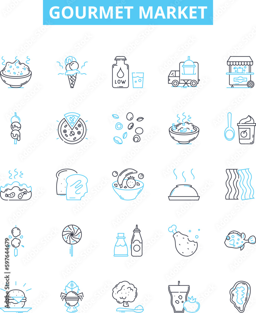 Gourmet market vector line icons set. Gourmet, Market, Delicatessen, Specialty, Food, Grocery, Shopping illustration outline concept symbols and signs