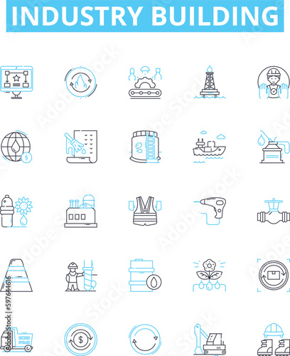 Industry building vector line icons set. Construction, Manufacturing, Investment, Fabrication, Outfitting, Engineering, Development illustration outline concept symbols and signs