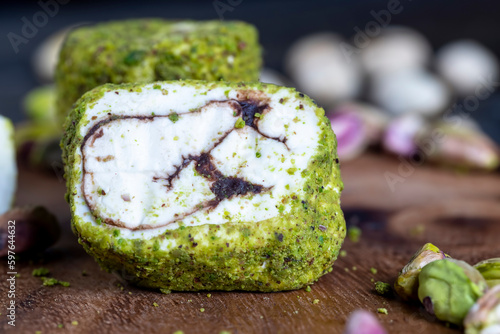 Sweet Turkish delight with fried crushed pistachios