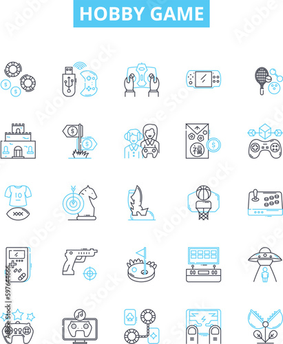 Hobby game vector line icons set. Gaming, Tabletop, Role-Playing, Fishing, Painting, Woodworking, Astronomy illustration outline concept symbols and signs