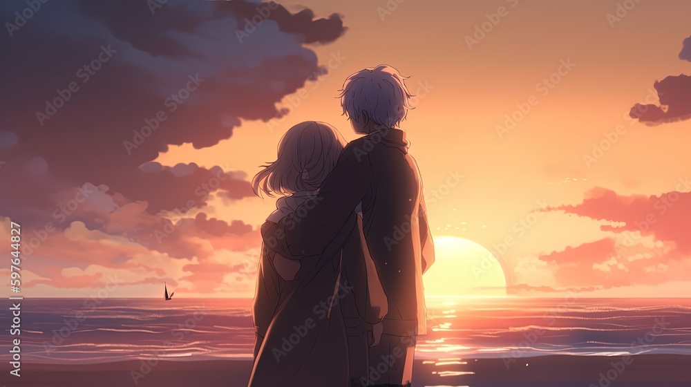 couple in love on sunset beach, digital art illustration, Generative AI