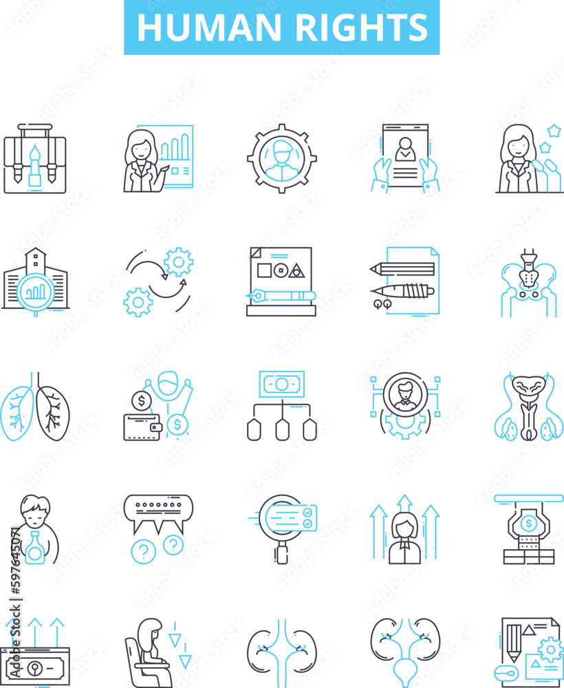 Human rights vector line icons set. Equality, Dignity, Respect, Liberty, Justice, Fairness, Equity illustration outline concept symbols and signs Human rights vector line icons set. Equality, Dignity, Respect, Liberty, Justice, Fairness, Equity illustration outline concept symbols and signs