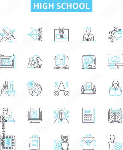 High school vector line icons set. High school, Education, Adolescence, Pupils, Graduates, Learning, Diploma illustration outline concept symbols and signs