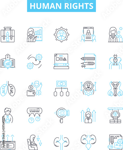 Human rights vector line icons set. Equality, Dignity, Respect, Liberty, Justice, Fairness, Equity illustration outline concept symbols and signs