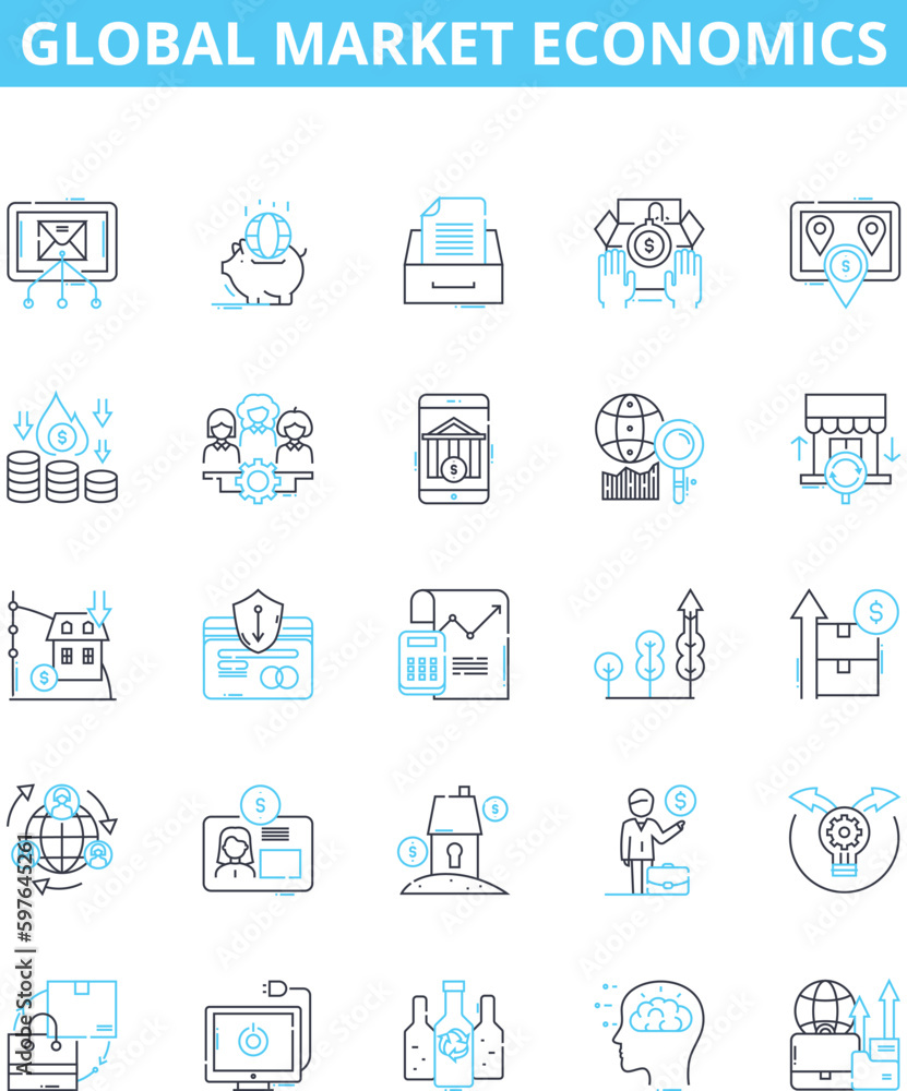 Global market economics vector line icons set. Global, Market, Economics, International, Trade, Investment, Financial illustration outline concept symbols and signs Global market economics vector line icons set. Global, Market, Economics, International, Trade, Investment, Financial illustration outline concept symbols and signs