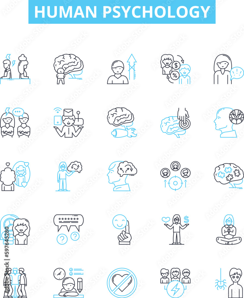 Human psychology vector line icons set. Personality, behavior, cognition, emotions, neuroscience, neuropsychology, psychoanalysis illustration outline concept symbols and signs