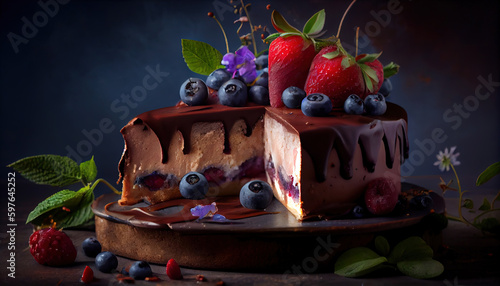 Blueberry Basque Cheese Cake Decorated With Strawberries AI Generative