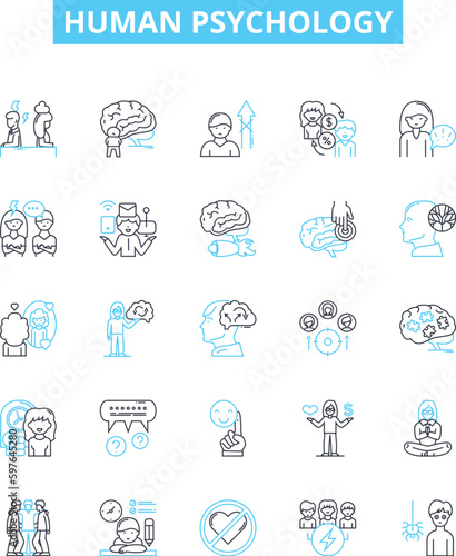Human psychology vector line icons set. Personality, behavior, cognition, emotions, neuroscience, neuropsychology, psychoanalysis illustration outline concept symbols and signs