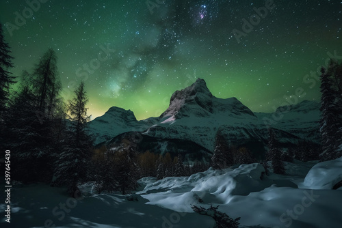 Aurora, Swiss Alps, star, snow, winter. AI generative