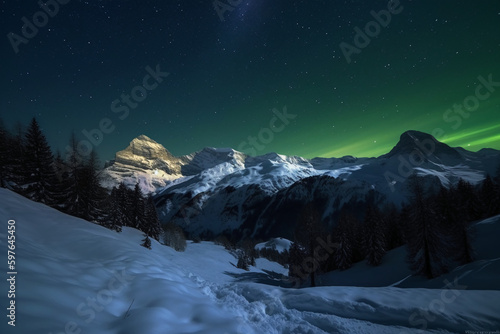 Aurora, Swiss Alps, star, snow, winter. AI generative © SANGHYUN