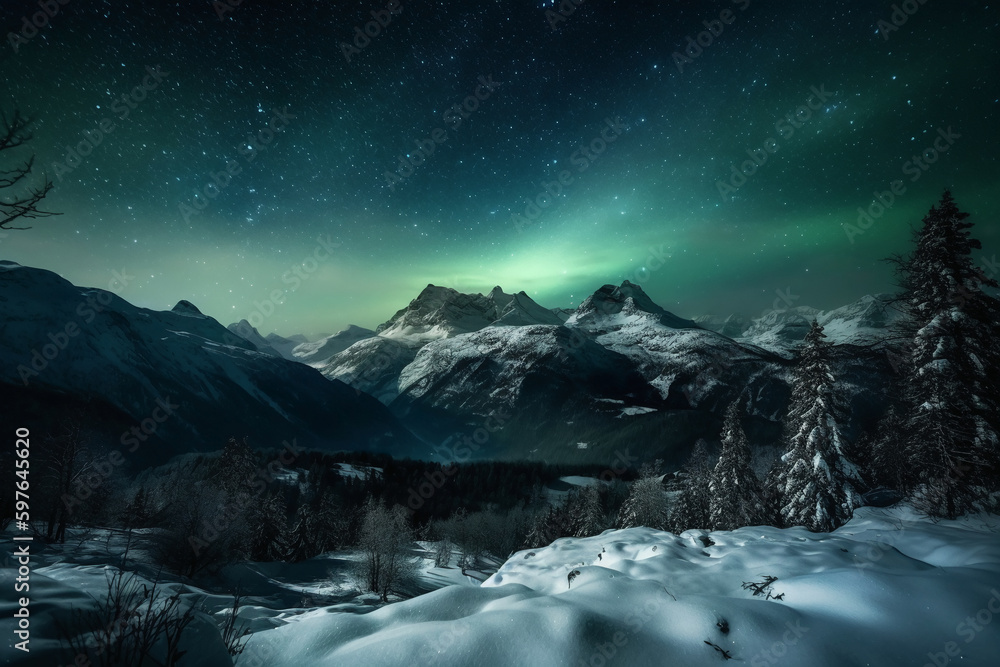 Aurora, Swiss Alps, star, snow, winter. AI generative