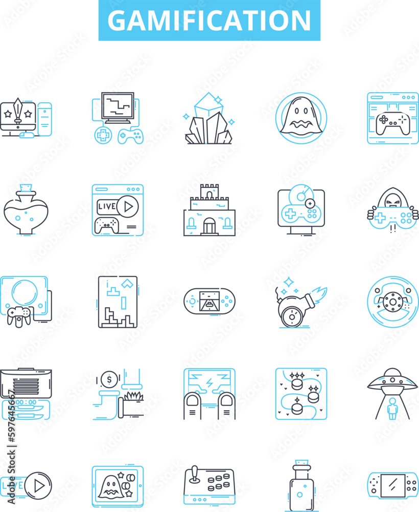 Gamification vector line icons set. Gamification, play, game, engagement, motivation, reward, level illustration outline concept symbols and signs Gamification vector line icons set. Gamification, play, game, engagement, motivation, reward, level illustration outline concept symbols and signs