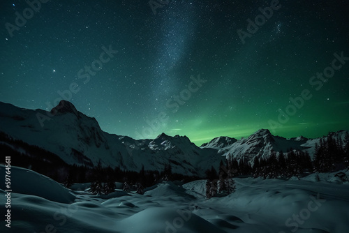 Aurora, Swiss Alps, star, snow, winter. AI generative