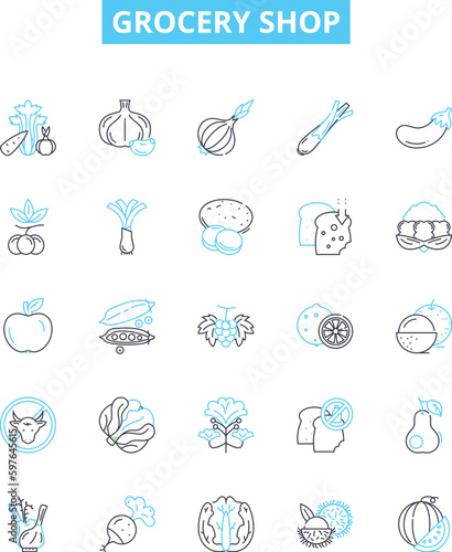Grocery shop vector line icons set. Grocer, Market, Store, Produce, Provision, Supply, Provisioner illustration outline concept symbols and signs