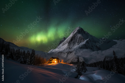 Aurora, Swiss Alps, star, snow, winter. AI generative