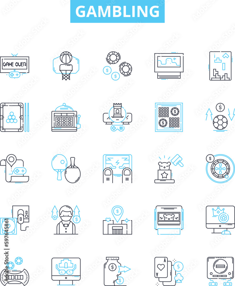 Gambling vector line icons set. Betting, Wagers, Wagering, Gaming, Luck, Risk, Casino illustration outline concept symbols and signs Gambling vector line icons set. Betting, Wagers, Wagering, Gaming, Luck, Risk, Casino illustration outline concept symbols and signs