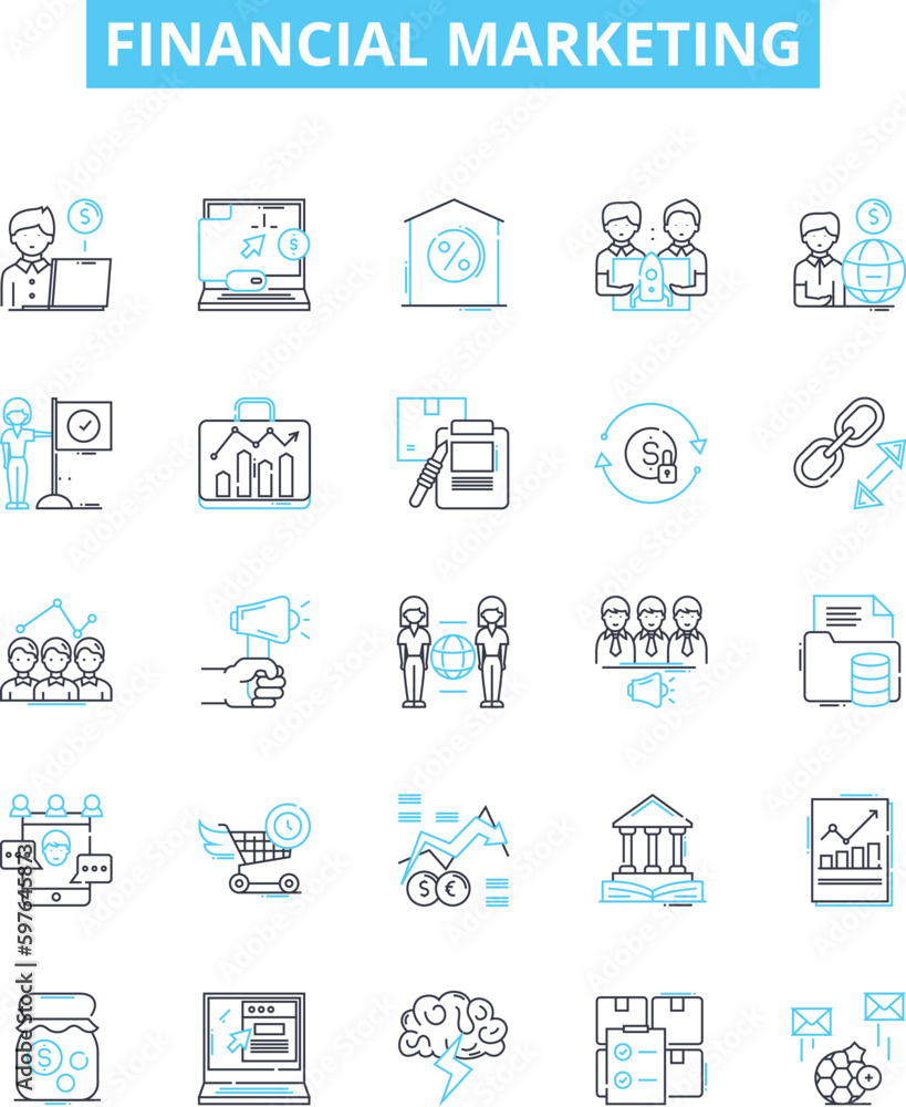Financial marketing vector line icons set. Finance, Marketing, Money, Investment, Strategy, ROI, Budget illustration outline concept symbols and signs