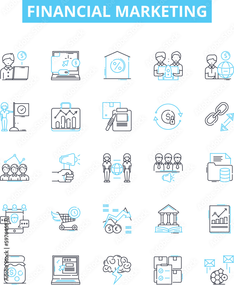 Financial marketing vector line icons set. Finance, Marketing, Money, Investment, Strategy, ROI, Budget illustration outline concept symbols and signs Financial marketing vector line icons set. Finance, Marketing, Money, Investment, Strategy, ROI, Budget illustration outline concept symbols and signs