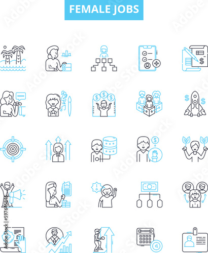 Female jobs vector line icons set. Nurse, Teacher, Engineer, Receptionist, Doctor, Lawyer, Administrator illustration outline concept symbols and signs