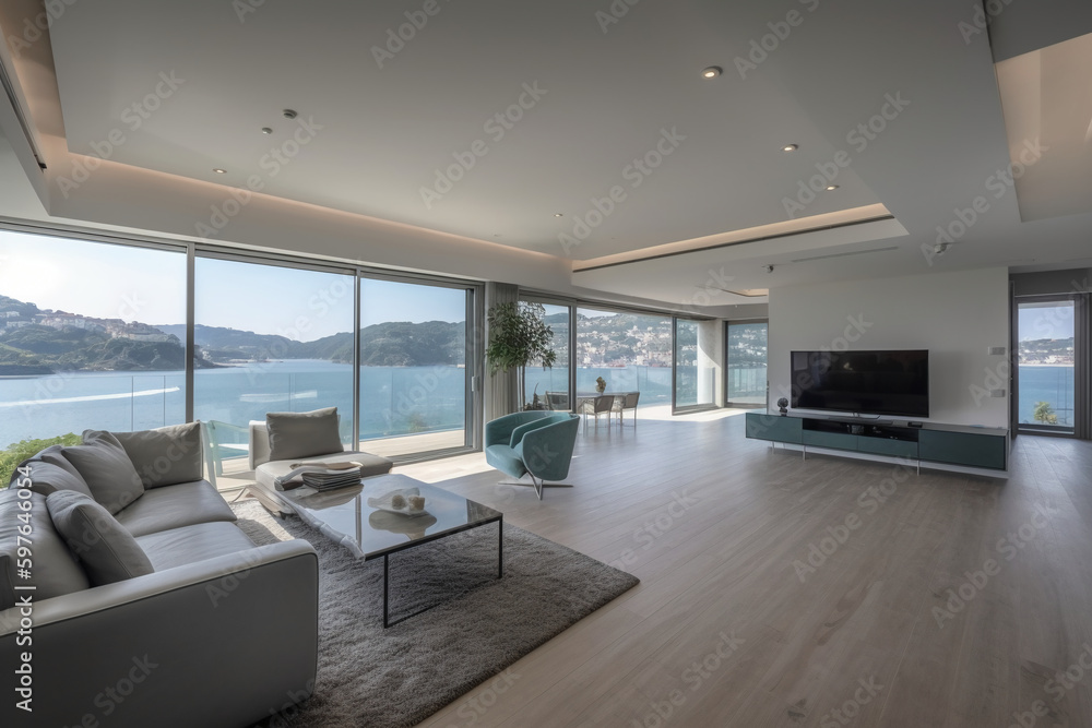 Fototapeta premium Modern style, sea view photo. AI generative