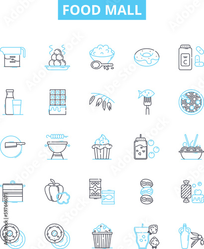 Food mall vector line icons set. Food, Mall, Foodcourt, Restaurants, Dining, Groceries, Cuisine illustration outline concept symbols and signs photo