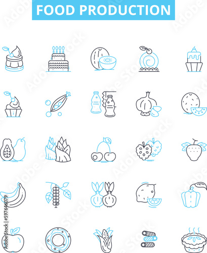 Food production vector line icons set. Farming, Agriculture, Processed, Production, Packaging, Quality, Culinary illustration outline concept symbols and signs