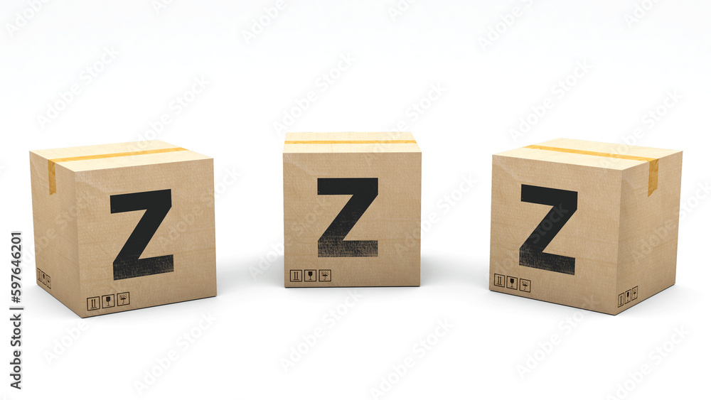 Krafte box with the letter Z. Box made of paper in 3 different positions: front, left and right. Alphabet in 3D render. Easy cropping: one click. Isolated white background. Krafte box with the letter Z. Box made of paper in 3 different positions: front, left and right. Alphabet in 3D render. Easy cropping: one click. Isolated white background.