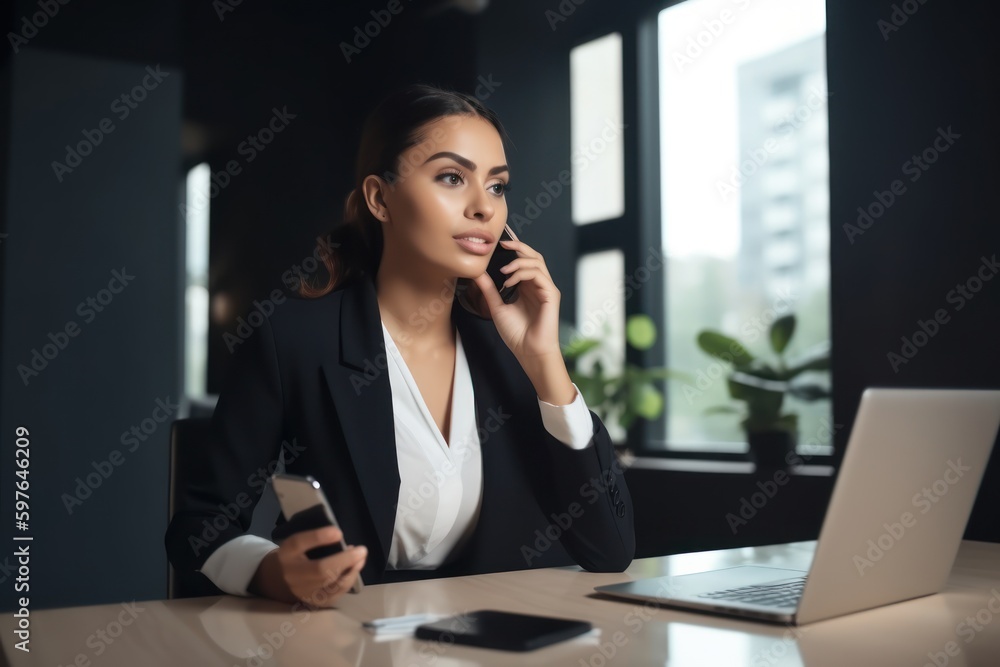 Beautiful businesswoman talking on mobile phone while sitting at table in office. Generative AI Beautiful businesswoman talking on mobile phone while sitting at table in office. Generative AI