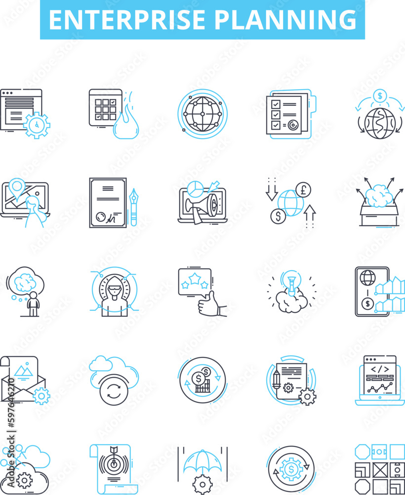 Enterprise planning vector line icons set. Business, Strategy, Plan, Project, Design, Analysis, Risk illustration outline concept symbols and signs Enterprise planning vector line icons set. Business, Strategy, Plan, Project, Design, Analysis, Risk illustration outline concept symbols and signs