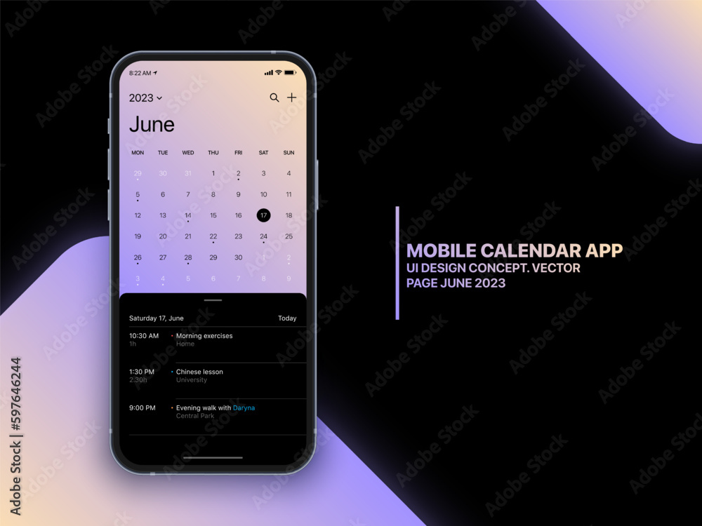 Mobile App Calendar June 2023 Page with To Do List and Tasks Vector UI UX Design Concept on Isolated Photo Realistic Smart Phone Screen Mockup. Smartphone Business Planner Application Template - obrazy, fototapety, plakaty 