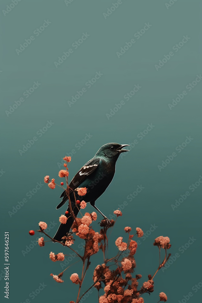 Fototapeta premium Simple flowers and bird Phone modern wallpaper, minimal, abstract, aesthetic, modern, minimalistic. AI generative