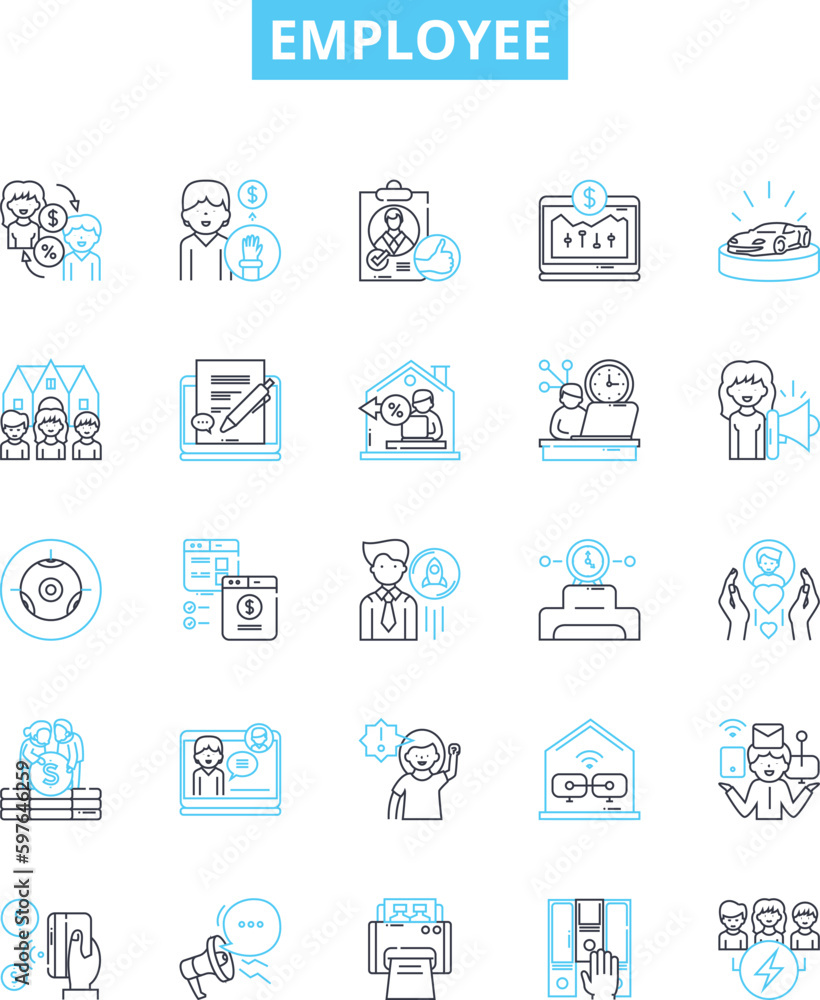 Employee vector line icons set. Worker, Staff, Personnel, Colleague, Associate, Hire, Wage illustration outline concept symbols and signs Employee vector line icons set. Worker, Staff, Personnel, Colleague, Associate, Hire, Wage illustration outline concept symbols and signs