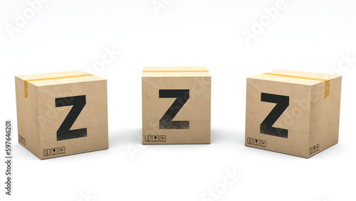 Krafte box with the letter Z. Box made of paper in 3 different positions: front, left and right. Alphabet in 3D render. Easy cropping: one click. Isolated white background.