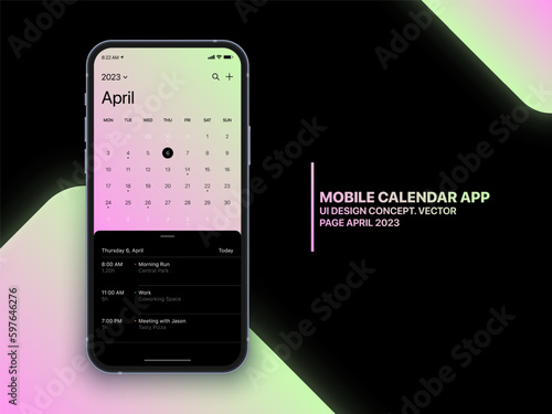 Mobile App Calendar April 2023 Page with To Do List and Tasks Vector UI UX Design Concept on Isolated Photo Realistic Smart Phone Screen Mockup. Smartphone Business Planner Application Template