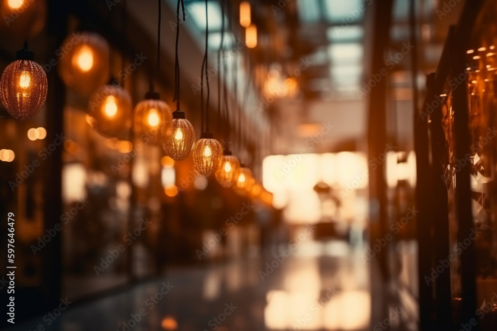 Warm light. Blur light background at shop in mall for business background, blurry abstract bokeh at interior hallway,. AI generative