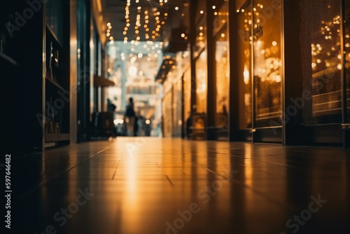 Warm light. Blur light background at shop in mall for business background  blurry abstract bokeh at interior hallway . AI generative