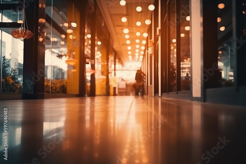 Warm light. Blur light background at shop in mall for business background, blurry abstract bokeh at interior hallway,. AI generative © SANGHYUN