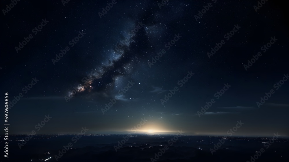 Enchanting Night Sky in Mountainous Landscape. A stunning night-time landscape of a galaxy in the sky, with majestic mountains and stars. Created with generative AI.