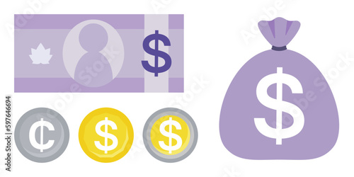 Illustration of a purple burlap sack full of money and a set of Canadian dollar bills and cent coins