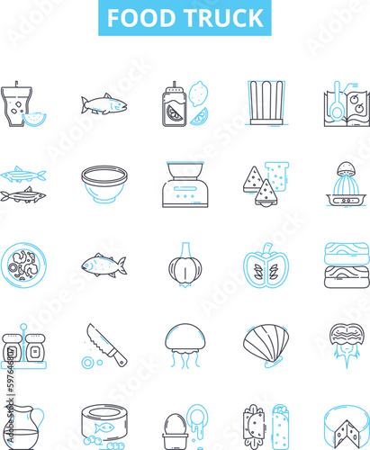 Food truck vector line icons set. Food, truck, cuisine, mobile, meals, eats, tacos illustration outline concept symbols and signs photo