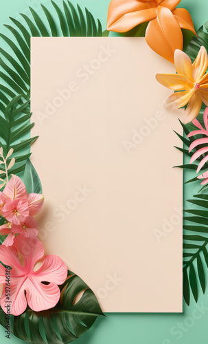 Frame made with palm trees and exotic flowers, for advertisement in veritcal summer concept., IA Generativa photo