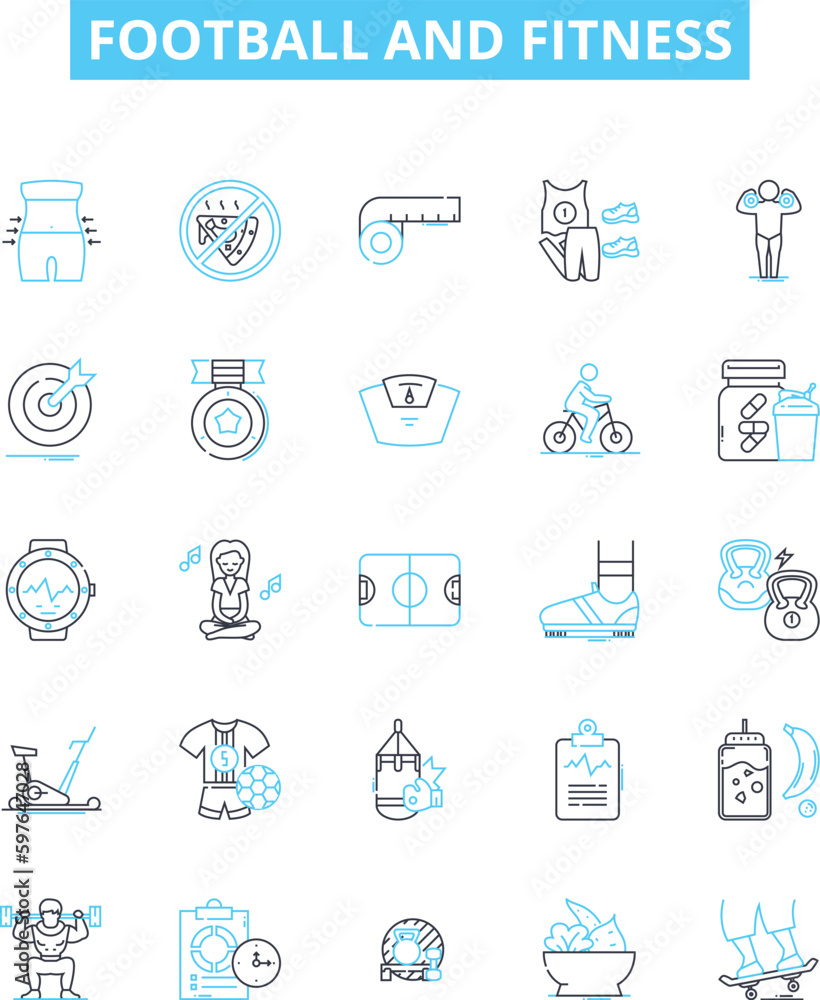 Football and fitness vector line icons set. Football, Fitness, Training, Practice, Running, Agility, Coaching illustration outline concept symbols and signs