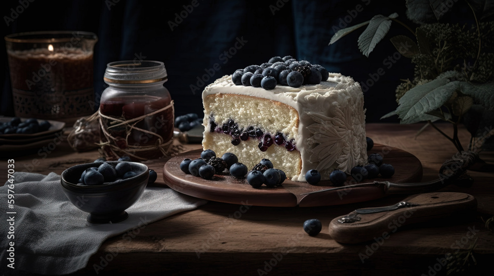 Luxury White Vanilla Cake Slice on Dark Theme Background AI Generative