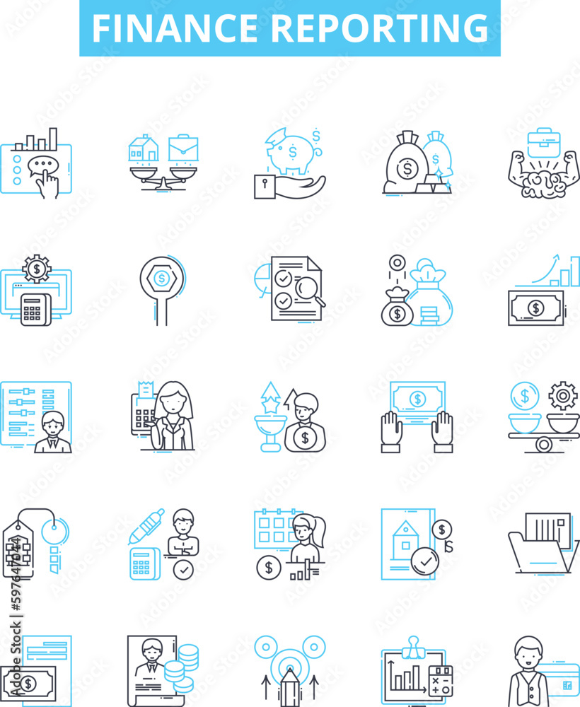 Finance reporting vector line icons set. Accounting, Budgeting, Forecasting, Assets, Liabilities, Profitability, Cash-flow illustration outline concept symbols and signs Finance reporting vector line icons set. Accounting, Budgeting, Forecasting, Assets, Liabilities, Profitability, Cash-flow illustration outline concept symbols and signs
