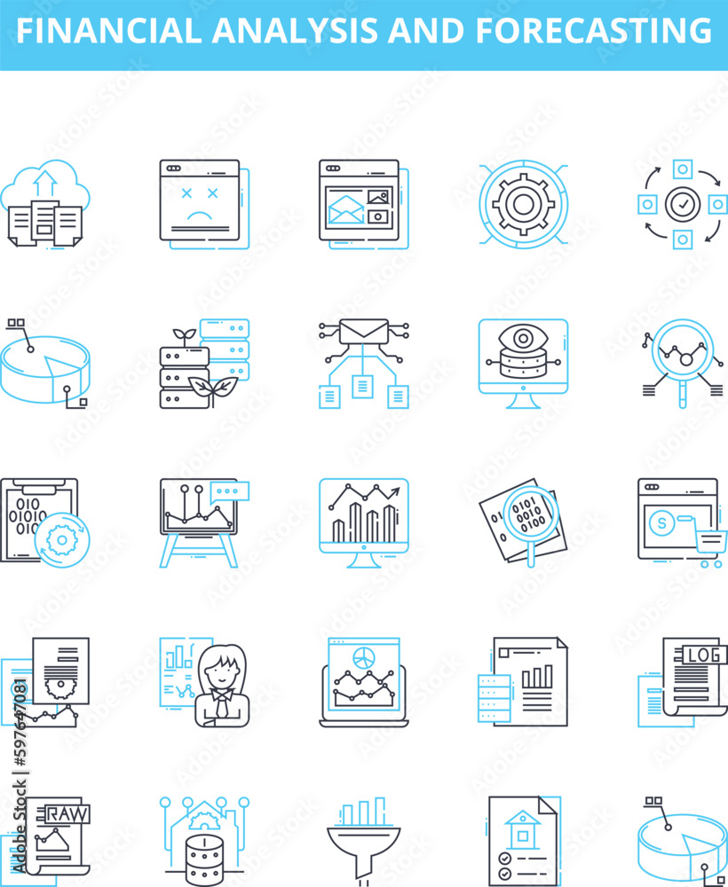 Financial analysis and forecasting vector line icons set. Financial, Analysis, Forecasting, Investment, Ratios, Budgeting, Planning illustration outline concept symbols and signs Financial analysis and forecasting vector line icons set. Financial, Analysis, Forecasting, Investment, Ratios, Budgeting, Planning illustration outline concept symbols and signs