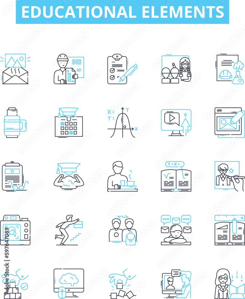 Educational elements vector line icons set. learning, instruction, knowledge, curriculum, skill, course, assessment illustration outline concept symbols and signs