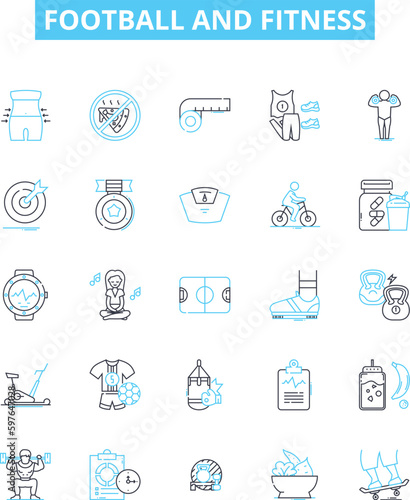 Football and fitness vector line icons set. Football, Fitness, Training, Practice, Running, Agility, Coaching illustration outline concept symbols and signs
